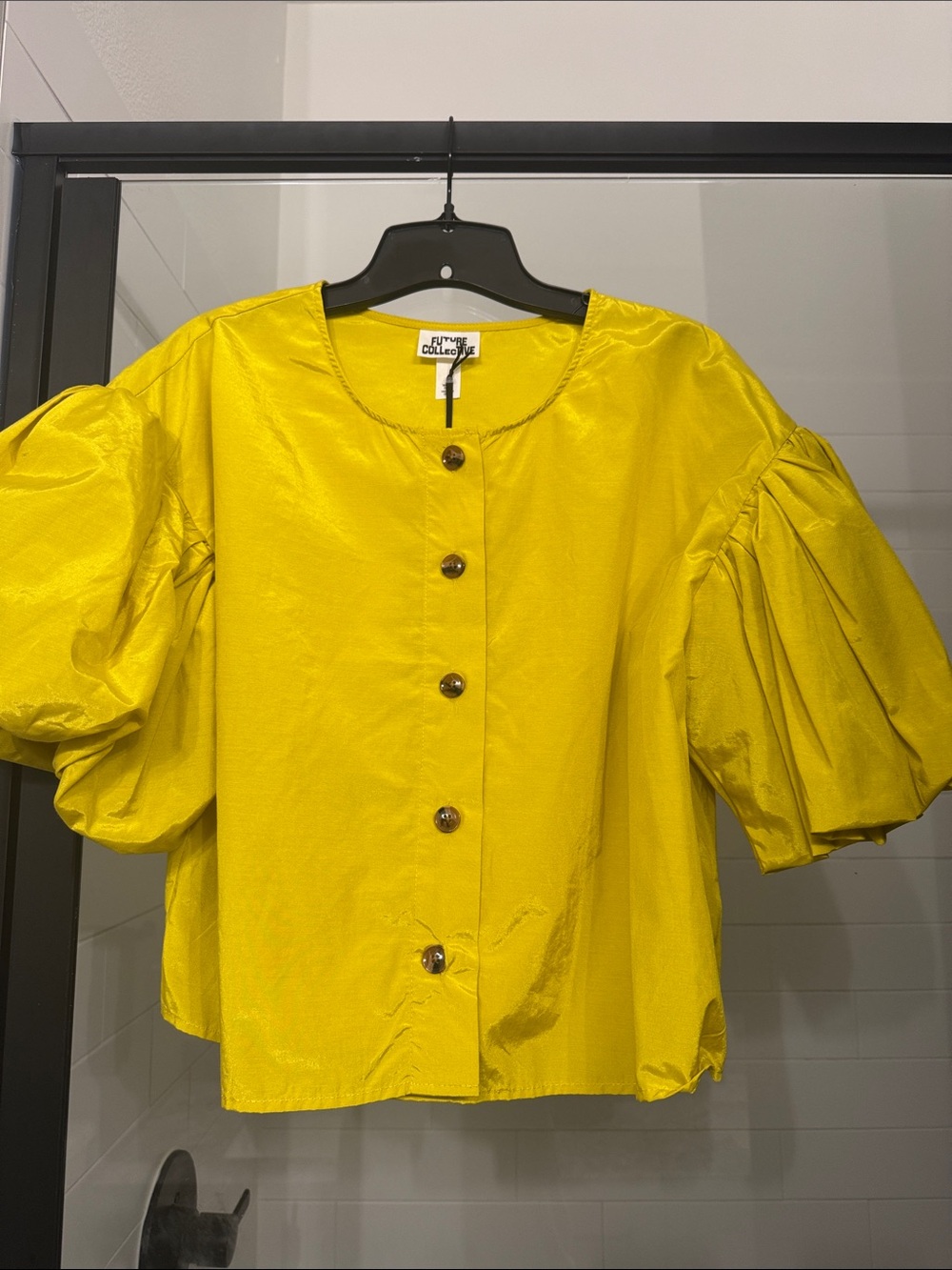 NWT FUTURE COLLECTIVE Puff-Sleeve Button-Front Top in Chartreuse Yellow